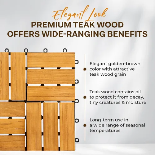 Vista 2 de Idzo Azulejos entrelazados para terrazas – 10 azulejos de madera de teca maciza con acabado aceitado, azulejos para interiores y exteriores
