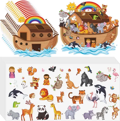 Juego de 12 calcomanías de animales del Arca de Noé que incluye fondos y hojas de arca de Noé, calcomanías autoadhesivas de animales, decoraciones