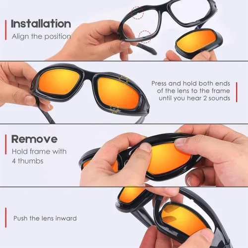 Vista 7 de BELINOUS Gafas polarizadas de motocicleta para hombre, con acolchado de espuma, resistentes al viento, antipolvo, con kit de 4 lentes