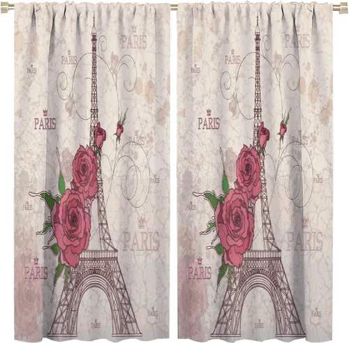 Vista 11 de Cortinas de la Torre Eiffel de París, pintura al óleo, flores moradas, torres de ciudad, con bolsillo para barra, cortinas de ventana para Torre