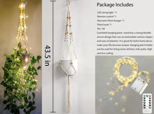 Vista 2 de Comtelek Colgador de macramé para plantas con luces, cesta colgante de interior con cuentas de madera, soporte para maceta, borlas de cuerda
