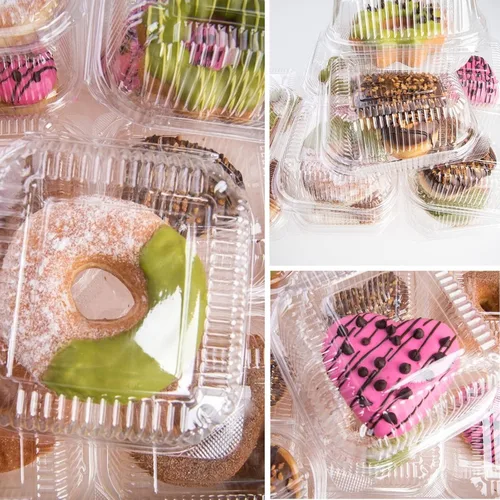 Vista 6 de 100 unidades de 5 x 5 pulgadas Clamshell bandeja para llevar recipientes de plástico con bisagras para alimentos, caja de comida desechable