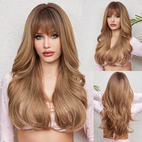Vista 25 de HAIRCUBE Pelucas de cabello sintético con flequillo color marrón ombré para mujer, largas, onduladas, en capas, resistentes al calor, para uso