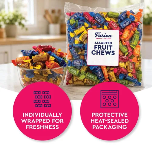 Vista 5 de Caramelos masticables de frutas, bolsa de 2 libras, envueltas individualmente, sin gluten