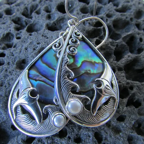 Vista 6 de Manta Ray Wave Earrings Sterling Silver Abalone Shell Pearl