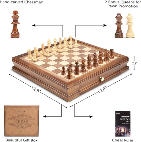 Vista 7 de AMEROUS 12.8" x 12.8" Magnetic Wooden Chess Set with 2 Built-in Storage Drawers - 2 Bonus Extra Queens - Gift Packaging - Staunton Chess Pieces