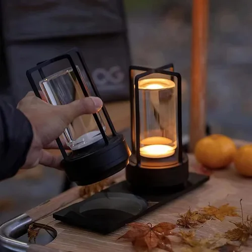 Vista 2 de Lámpara de cristal, lámpara de mesa, lámpara de farol de cristal, 3 colores, luces LED inalámbricas recargables para luces de restaurante Negro
