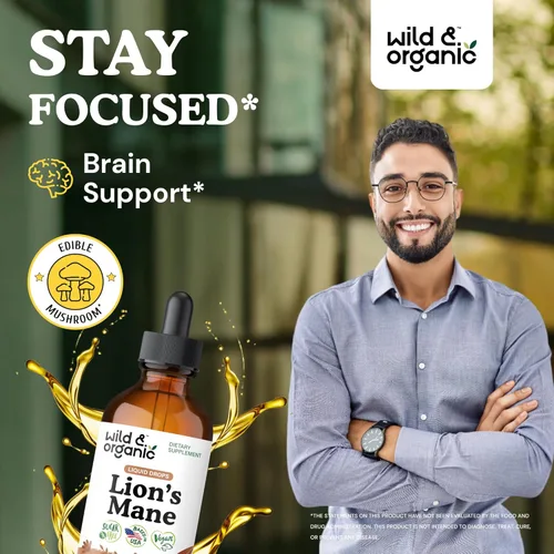 Vista 2 de Wild & Organic Gotas líquidas de melena de leones, apoyo para el cerebro y la concentración, suplemento de hongo melena de león - Gotas de hongo