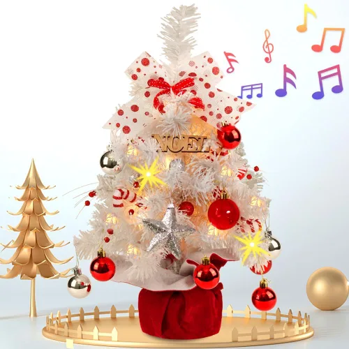 Vista 8 de Mini árbol de Navidad, pequeño árbol de Navidad blanco con luces y música preiluminado, árbol de Navidad artificial de mesa, decoración de Navidad