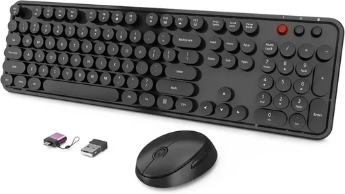 Vista 24 de Combo de teclado y mouse inalámbricos, teclado ergonómico de tamaño completo con diseño retro tipo máquina de escribir, con teclas redondas, Blanco