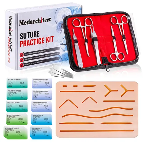 Medarchitect Kit completo de práctica de sutura (30 piezas) para entrenamiento de sutura de estudiantes de medicina, incluye almohadilla de sutura