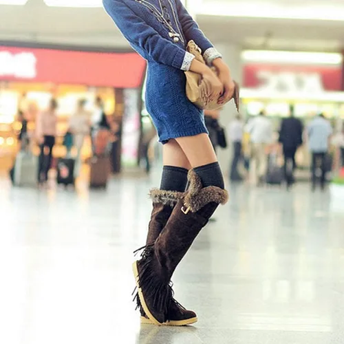 Vista 3 de Botas de nieve altas de invierno para mujer con hebilla de moda con flequillo impermeable de piel cálida ancha pantorrilla botas de nieve