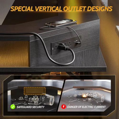 Vista 45 de CubiCubi Escritorio en forma de L de 59 pulgadas con puertos de carga USB y luces LED, escritorio de esquina para computadora con cajón y estante