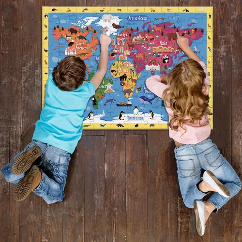 Vista 7 de Rompecabezas de 100 piezas para niños de 4 a 8 años, rompecabezas de mapa del mundo de animales, mapa del mundo para niños, aprender puntos