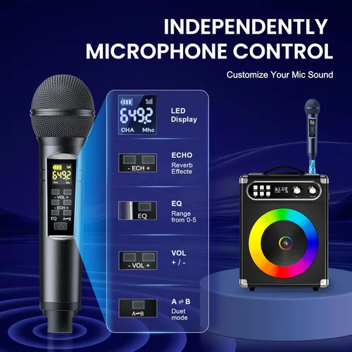 Vista 6 de Máquina de karaoke, altavoz Bluetooth portátil con 2 micrófonos inalámbricos para adultos y niños con luces LED, sistema de megafonía compatible