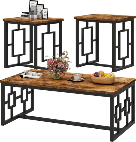 Recaceik Juego de 3 mesas de café rectangulares y mesas auxiliares, mesa de café moderna vintage marrón oscuro y mesa auxiliar para sala de estar,