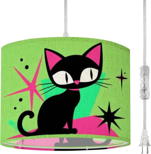 Boho Plug in Pendant Light Vintage Futuristic Atomic Cats Inspired Mid Century Modern 16.4ft Plug in Cord Dimmable Hanging Lamp Fabric Lamp Shade
