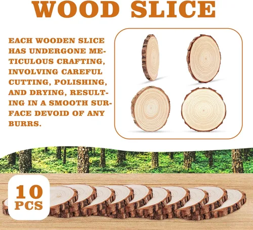 Vista 5 de ilauke Rebanadas de Madera, 10 Piezas de 3.5"-4" de Madera Natural Redondas, Círculos de Madera con Corteza, Kit de Madera Sin Terminar