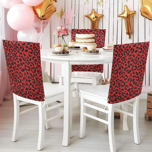 Vista 5 de Juego de 6 fundas de asiento decorativas rojas con estampado de leopardo con purpurina falsa para sillas para el hogar, restaurante, banquete