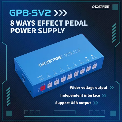 Vista 2 de Fuente de alimentación Ghost FIRE para pedal de guitarra con 8 salidas DC [VERDADERAMENTE aisladas] para pedal de efecto 9V/12V/15V/18V+5V USB
