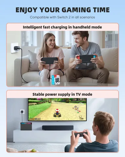 Vista 5 de Cargador Switch 2 Adaptador de CA de 60 W para Nintendo 2 (2025)Nintendo 1, cable de carga extra largo de 5 pies, compatible con modo de base de TV