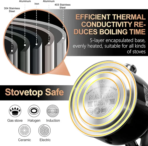 Vista 6 de SUSTEAS Hervidor de té – Hervidor silbante de 3.17 cuartos con mango ergonómico – Ollas de té de acero inoxidable de alta calidad para estufa