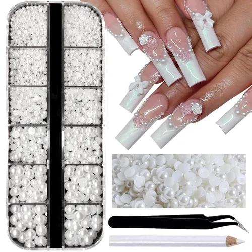 Vista 17 de RODAKY 2000 perlas medias para manualidades, perlas semicirculares con parte trasera plana para uñas, 6 tamaños, cuentas de perlas beige, diamantes