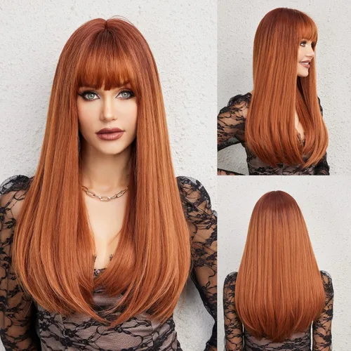 Vista 23 de HAIRCUBE Pelucas de cabello sintético con flequillo color marrón ombré para mujer, largas, onduladas, en capas, resistentes al calor, para uso