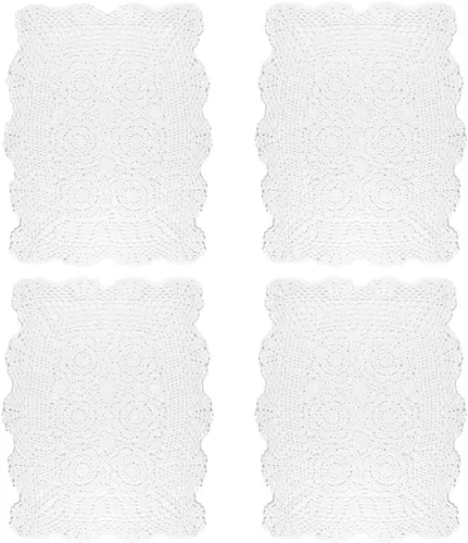 kilofly Juego de 4 manteles individuales hechos a mano de algodón con encaje de ganchillo (juego de 4), color blanco