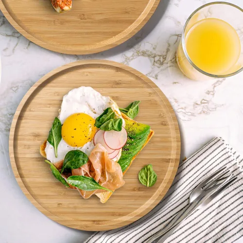 Vista 8 de Bandeja de servir de bambú, bandeja redonda de madera, bandeja de servir de madera, fruta, pan, plato de ensalada, tabla de servir charcutería, 9.8