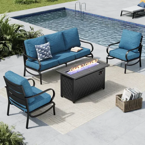 Vista 62 de MFSTUDIO Juego de muebles de patio de 8 piezas con mesa de fogata de gas de 45 pulgadas (hasta 9 asientos), sofás de conversación de metal