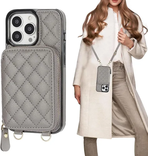 Vista 9 de Bocasal Funda tipo cartera cruzada para iPhone 13 Pro, con bloqueo RFID, de piel sintética, con cremallera, funda tipo cartera con función atril