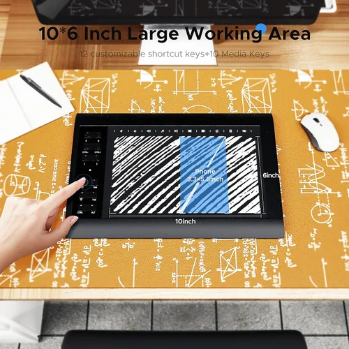 Vista 3 de Tableta de dibujo gráfico, tabletas grandes de 10 x 6 pulgadas con lápiz de nivel 8192 para PC y computadora, 12 teclas de acceso rápido