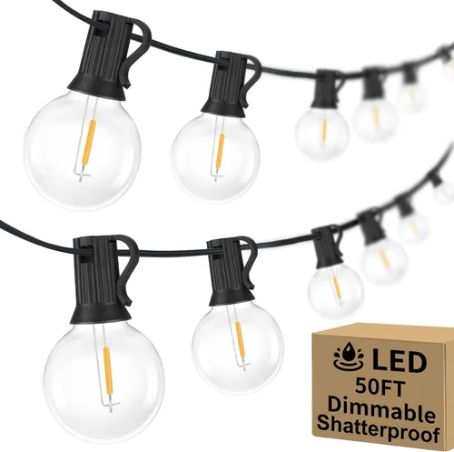 Vista 26 de Bosceos Tira de luces LED G40 de 25 pies para exteriores, regulables, impermeables, inastillables, con 13 bombillas conectables, luces colgantes