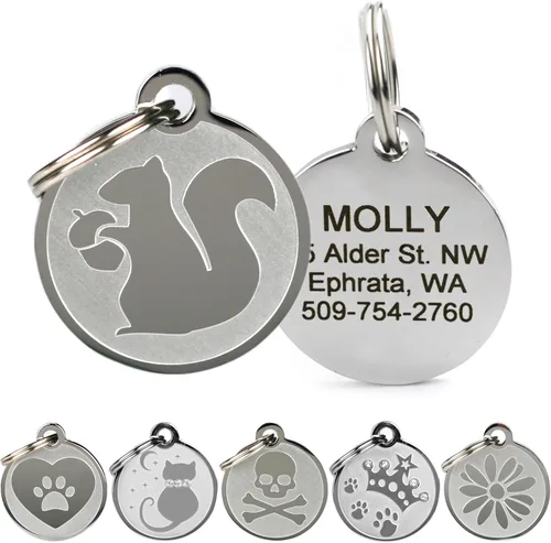 Vista 14 de Placas personalizables para mascotas, de acero inoxidable, para perros y gatos. Grabado personalizable con cuatro líneas de texto, elegante