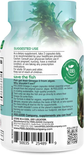 Vista 3 de FEEL GOOD Company Suplemento vegano Omega-3, a base de algas, sin pescado, 60 cápsulas, sin gluten, sin soja, fácil de digerir