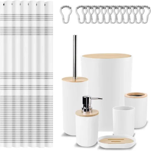 Vista 10 de Britimes juego de accesorios de baño, juego de cortinas de ducha boho con cubo de basura, dispensador de jabón, soporte para escobilla de inodoro