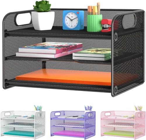 Samstar Bandeja organizadora de papel de 3 niveles con asa, organizador de escritorio de malla, clasificador de papel, estantes de archivos, color