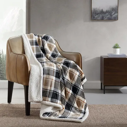 Vista 39 de Eddie Bauer - Manta Decorativa, Ropa de Cama de Vellón Cepillado y Sherpa Suave, Manta para Sofá y Cama (Bunkhouse Plaid Beige, 50" x 60")