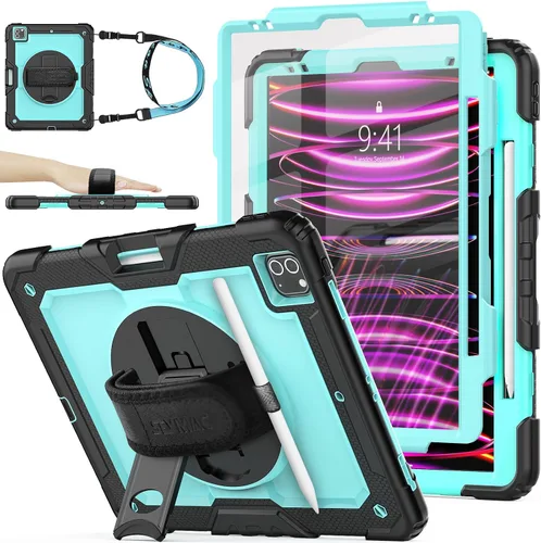 Vista 9 de SEYMAC stock Funda para iPad Pro de 12.9 pulgadas 2022/2021/2020/2018, color negro With Screen Protector, 360 Rotating Stand Hand Strap
