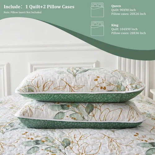 Vista 5 de DJY Juego de edredón floral tamaño Queen, juego de colcha reversible botánico de hojas verdes, juego de cama de microfibra suave y ligera, juego