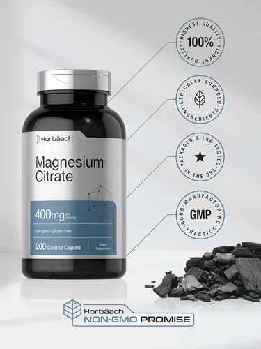Vista 5 de Horbäach Magnesium Citrate 400mg 200 Caplets Vegetarian, Non-GMO, and Gluten Free Supplement