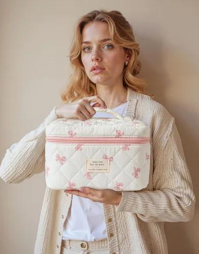 Vista 52 de HBselect Bolsa de maquillaje acolchada, 3 piezas de algodón grande, bolsa de maquillaje de viaje, bonita bolsa de maquillaje floral de coqueta