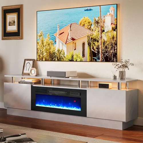Vista 17 de oneinmil Soporte de consola de TV de 2 niveles con chimenea eléctrica de 36 pulgadas, centro de entretenimiento con luz LED para televisores