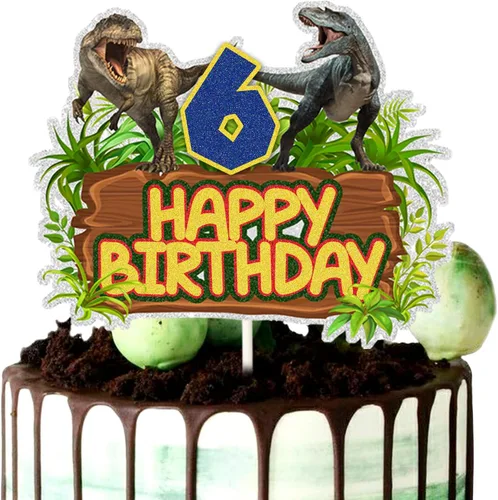 ChienMin Decoración para pastel de cumpleaños de 6 años, dinosaurio jurásico de la selva de dinosaurio, decoración de fiesta de cumpleaños de 6