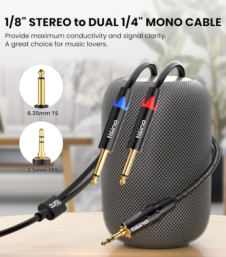 Vista 2 de Tisino - Cable TRS estéreo de 1/8" a dual TS mono con divisor en Y de 1/4", cable estéreo con miniconector auxiliar de 3.5 mm a conector de 6.35 mm