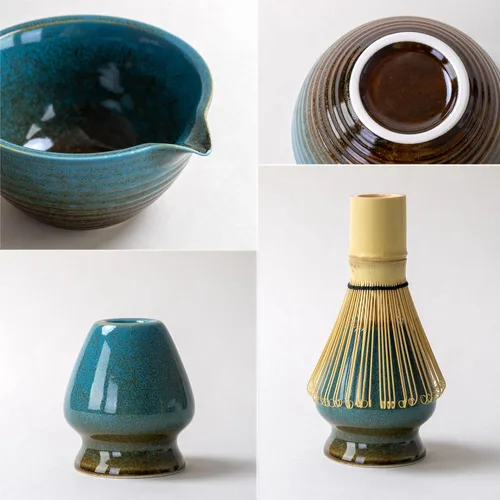 Vista 3 de Juego tradicional de ceremonia de té Matcha con cuenco de cerámica, batidor de bambú, soporte y colador, 5 piezas (azul)