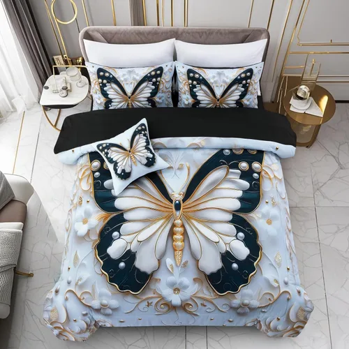 Vista 14 de A Nice Night Juego de ropa de cama con diseño de galaxia, estampado de mariposas 3D volando en el espacio, como mariposas con purpurina, juego