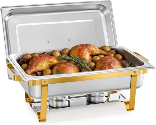 WILPREP Plato para calentador de alimentos de bufé, juego de 9 qt con plato para alimentos de tamaño completo y marco plegable, calentador de