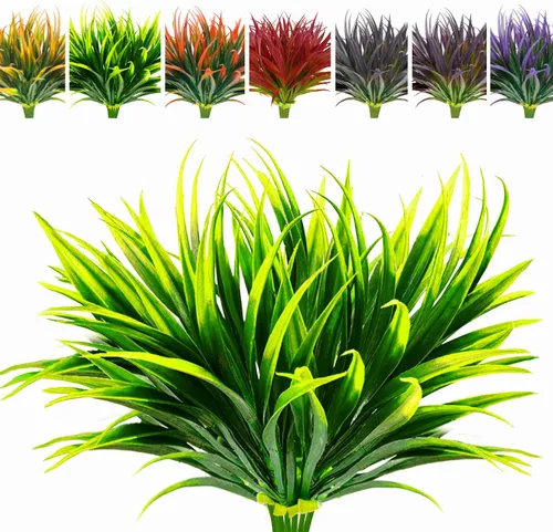 Vista 21 de 8 piezas flores artificiales de otoño para decoración al aire libre, plantas artificiales de otoño para exteriores, hierba amarilla artificial